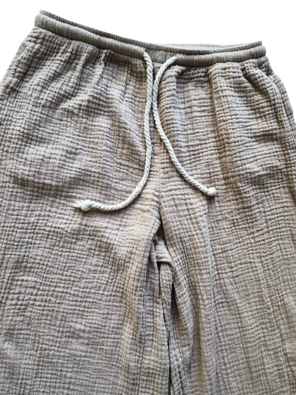 Cotton Gauze Beige Drawstring Waffle Texture Lightweight Wide Leg Ankle Length M - Picture 4 of 13
